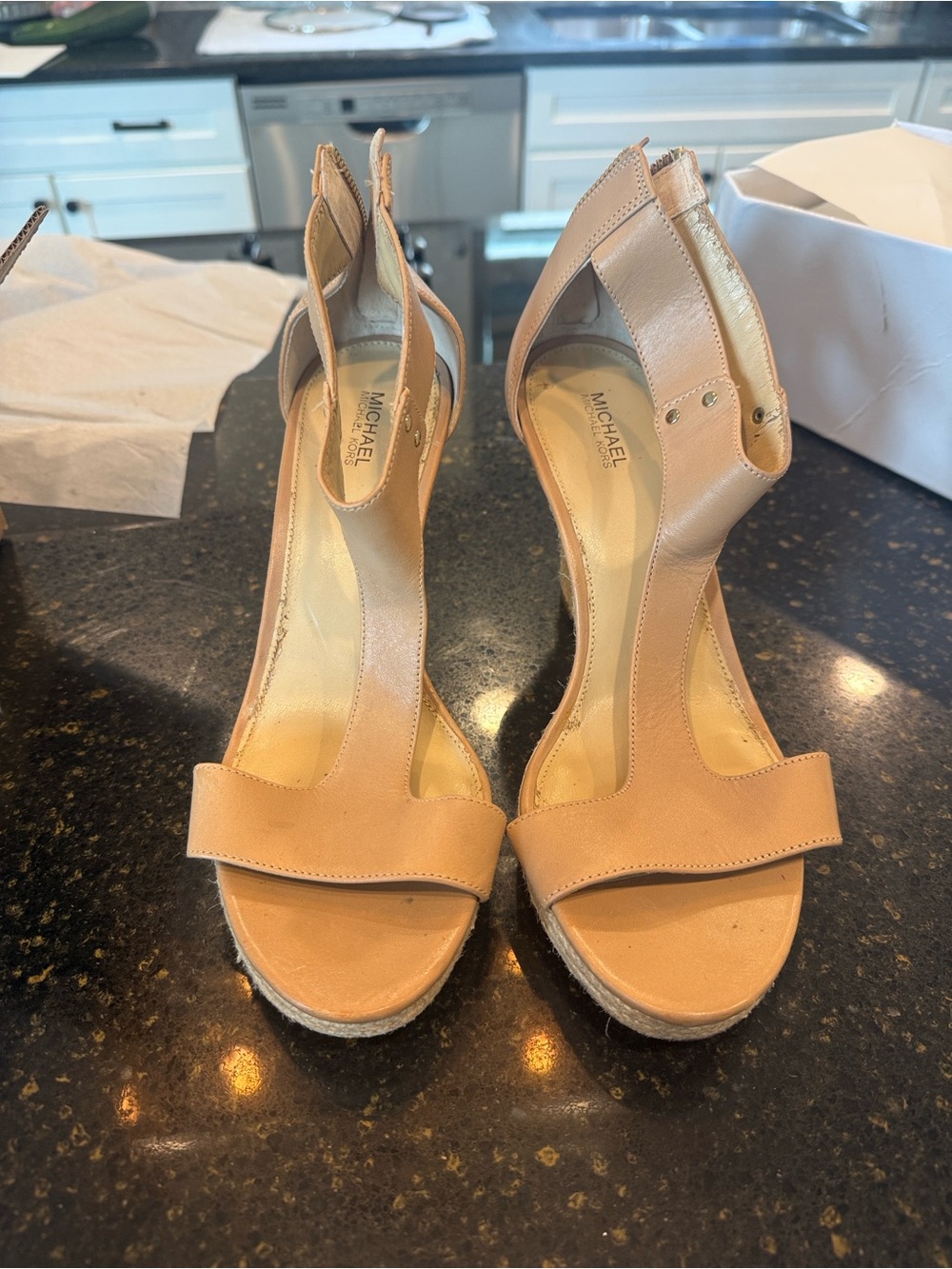 MICHAEL Michael Kors Beige T-Strap Espadrille Wedge Sandals